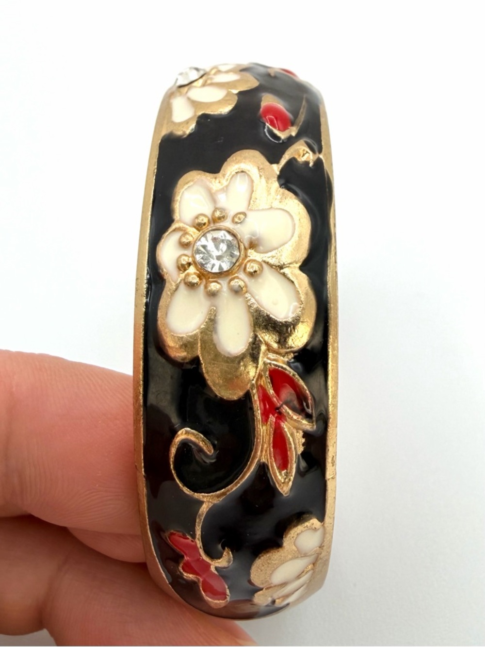 Vintage Floral Enamel Hinged Bangle Black Gold Tone Rhinestone